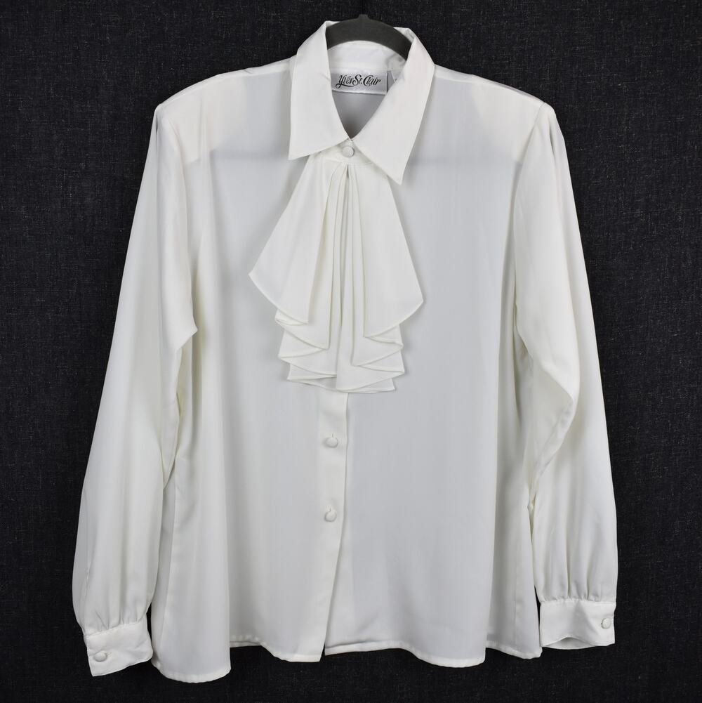 Yves St Clair Womens Blouse Top 12 L Cream Ruffle Neck Victorian Regency Vintage